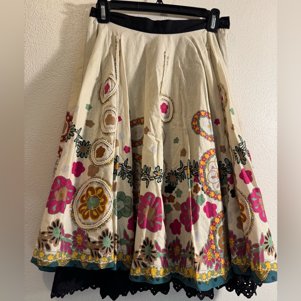 Anthropologie Cream Floral A-Line  picnic Skirt